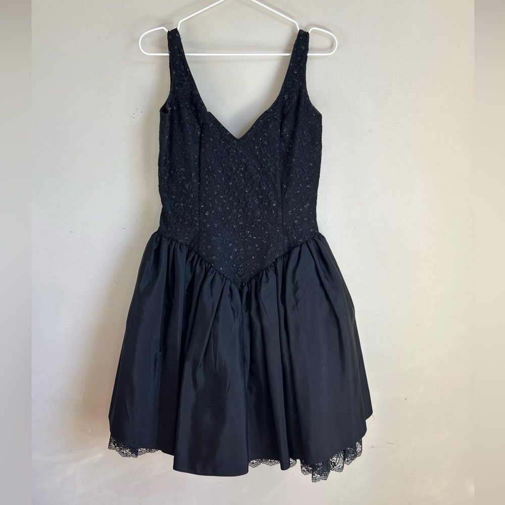 Gunne Sax by Jessica McClintock Vintage 80's Taffeta Beaded Dress Black Size 9